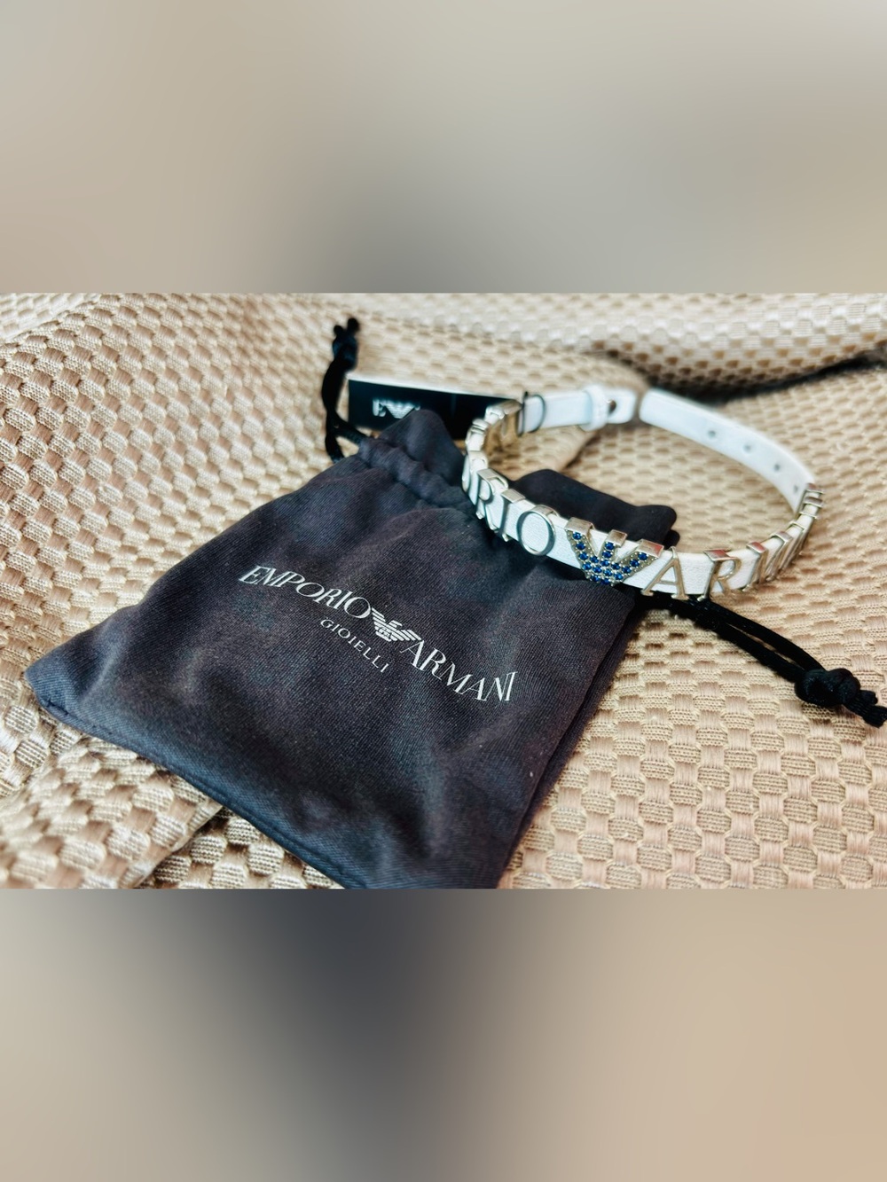 Emporio Armani White Leather Bracelet with Logo & Crystal in Original Pouch